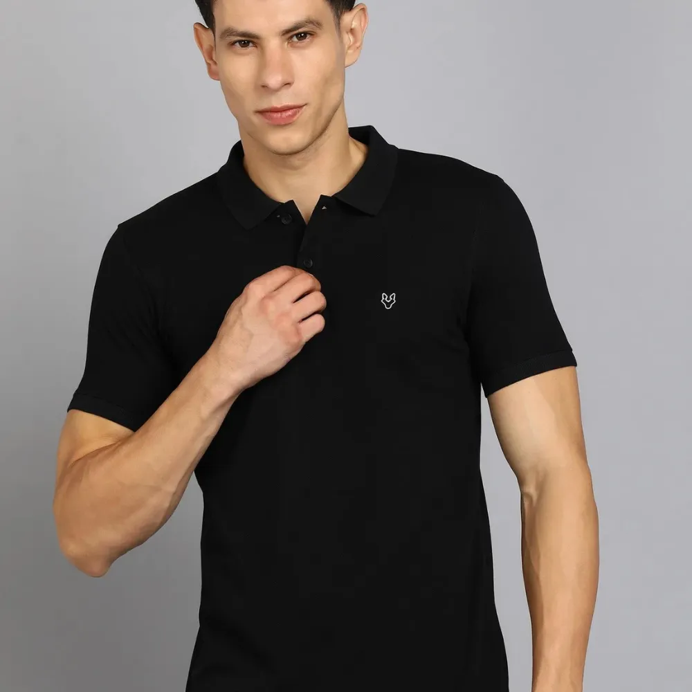 INTEGRITI Men Solid Polo Neck Pure Cotton Black T-Shirt